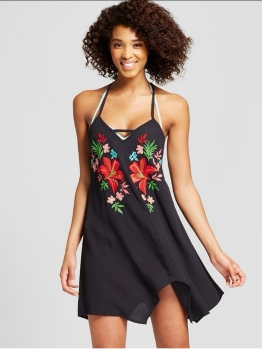 Xhilaration Black Halter Mini Dress with Red Floral Embroidery